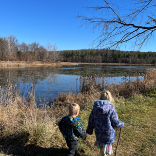 kids holding hands while hiking