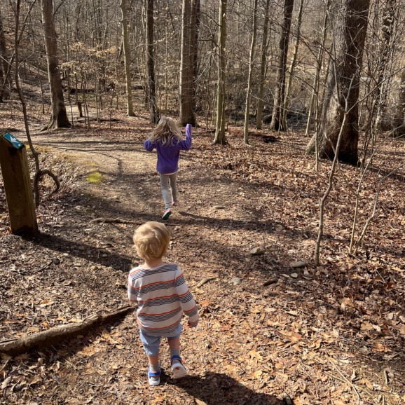 walking in the woods at Dora Kelly Nature Preserve