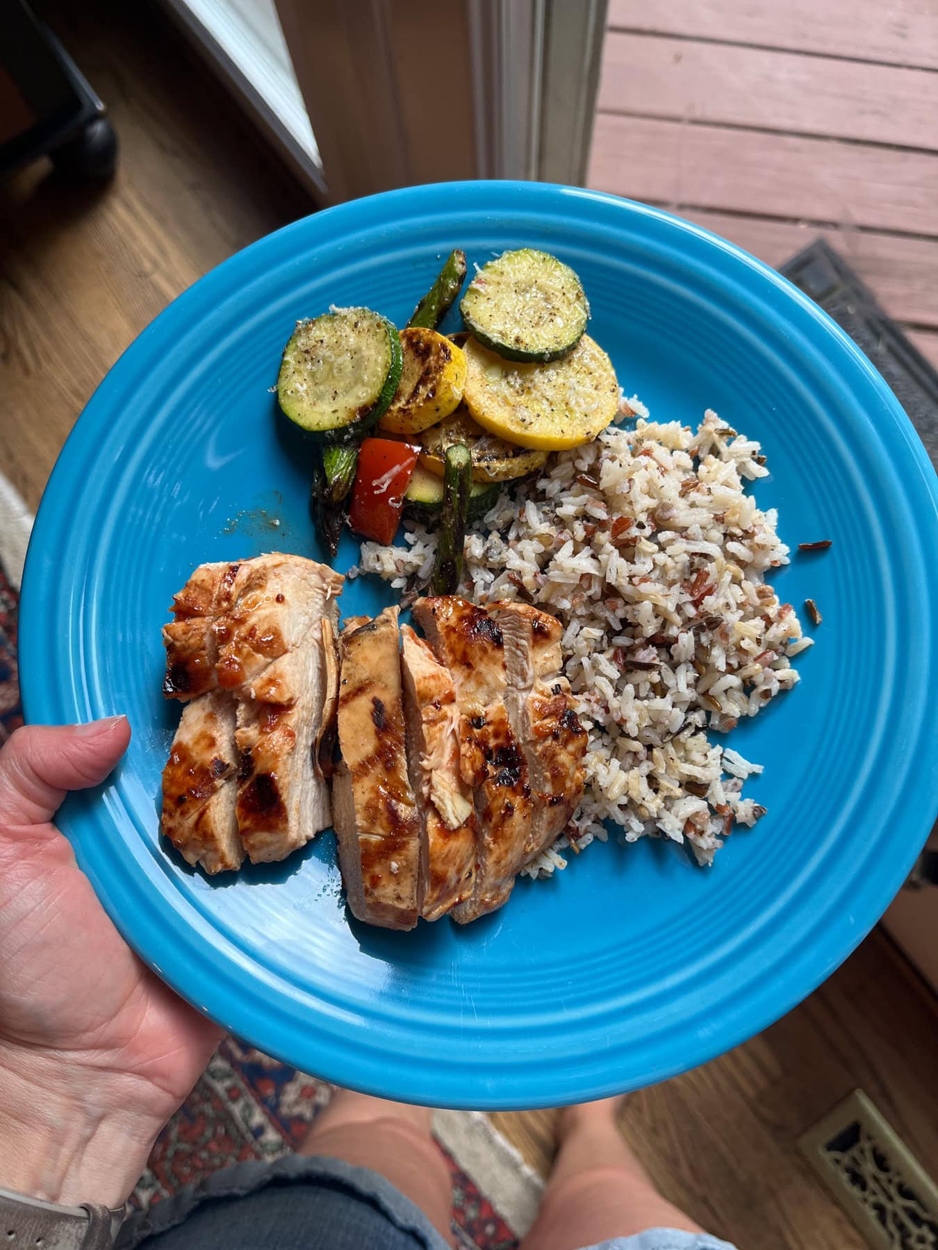 watermelon glazed chicken with parmesan veggies and rice