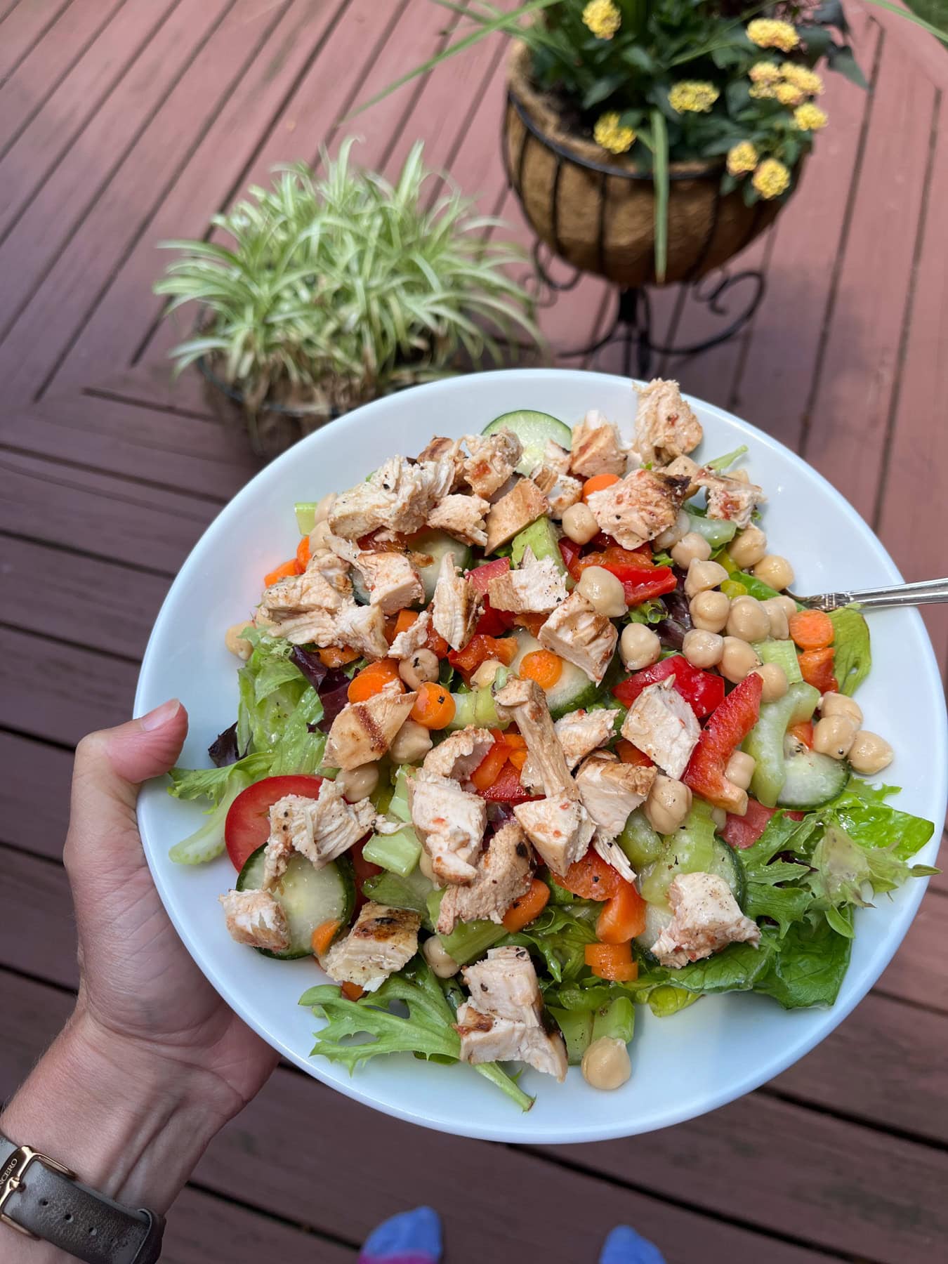 chicken on salad with veggies